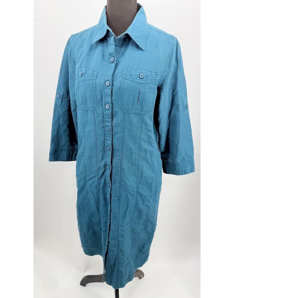 L.L. Bean Shirt Dress Womens Small Teal Good Linen Blend Roll Tab Sleeve 281666